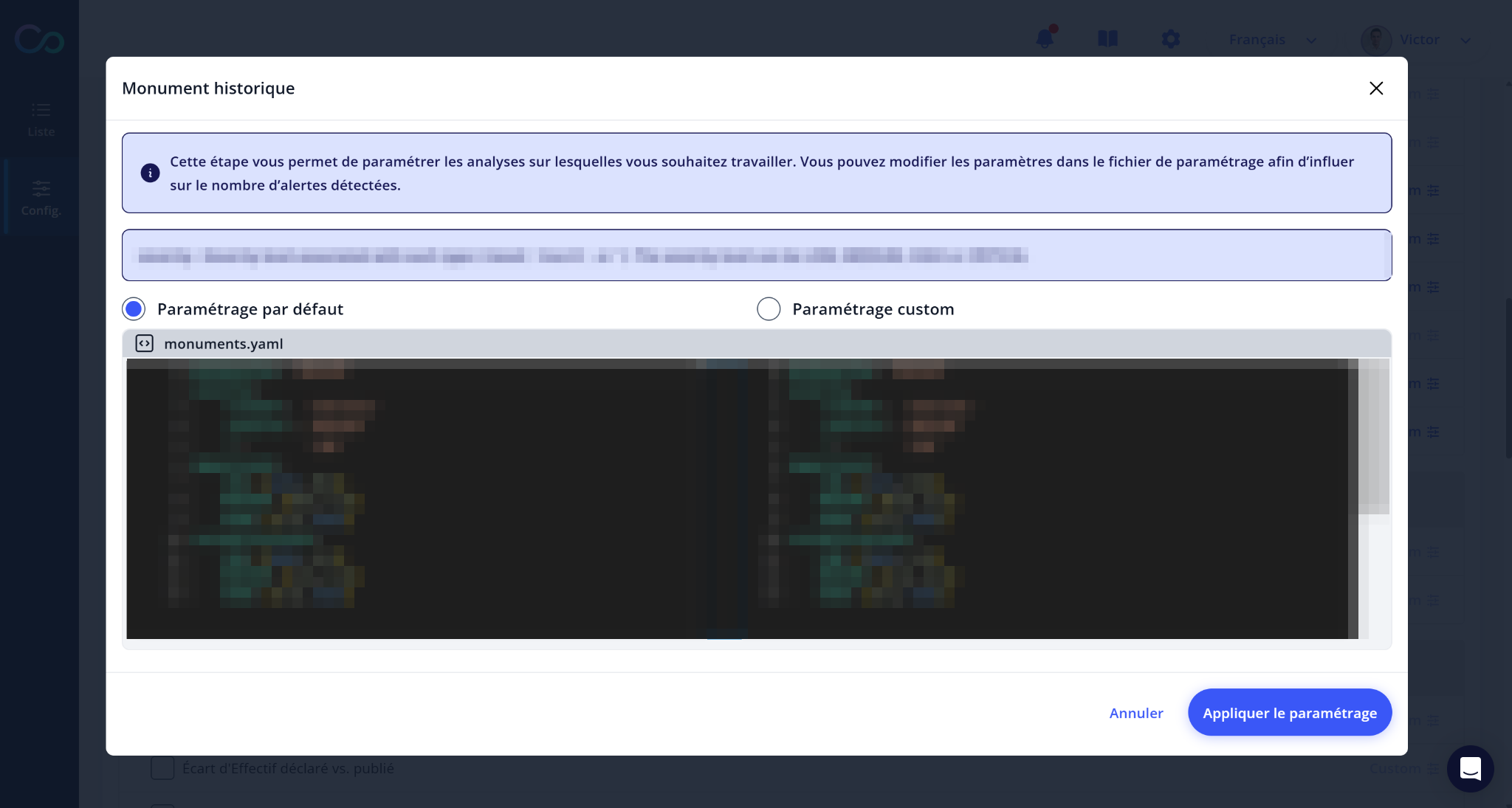 Interface de paramétrage en libre-service : choix entre configuration par défaut et personnalisée, fichier encadré et validation explicite avant application