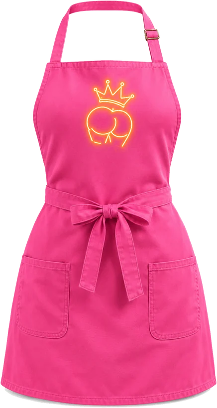 Hot pink Booty Thai Kitchen apron with a gold crown logo and front pockets