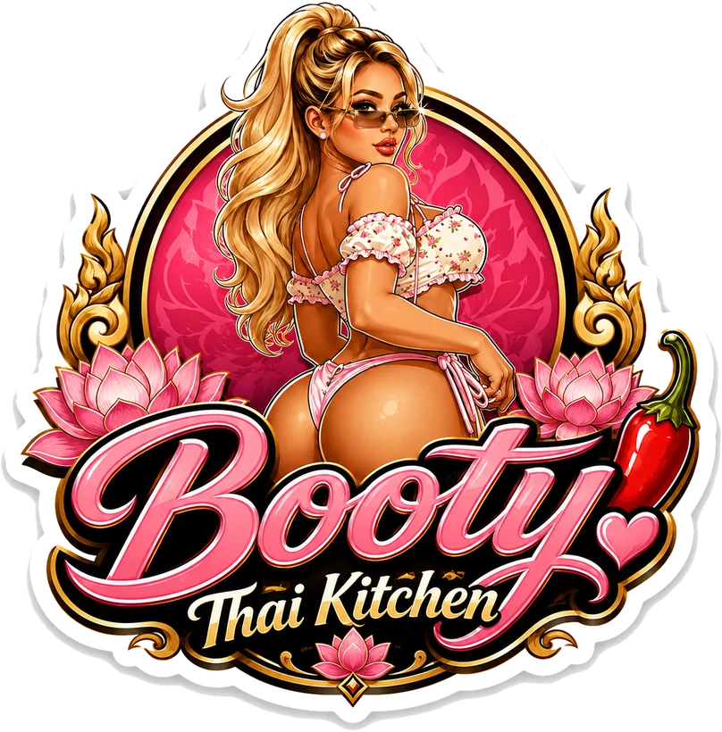 Die-cut vinyl sticker of the Booty Thai Kitchen badge logo