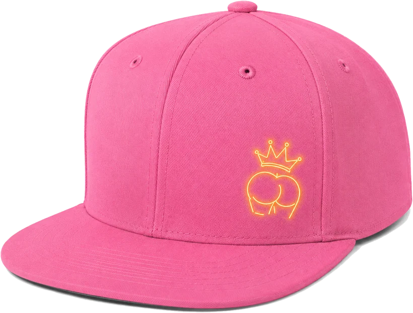 Hot pink flat brim snapback with a gold embroidered crown logo