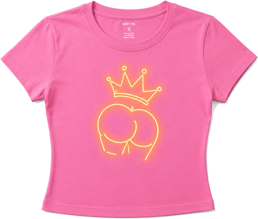 Hot pink fitted Booty Thai Kitchen baby tee with a gold crown logo