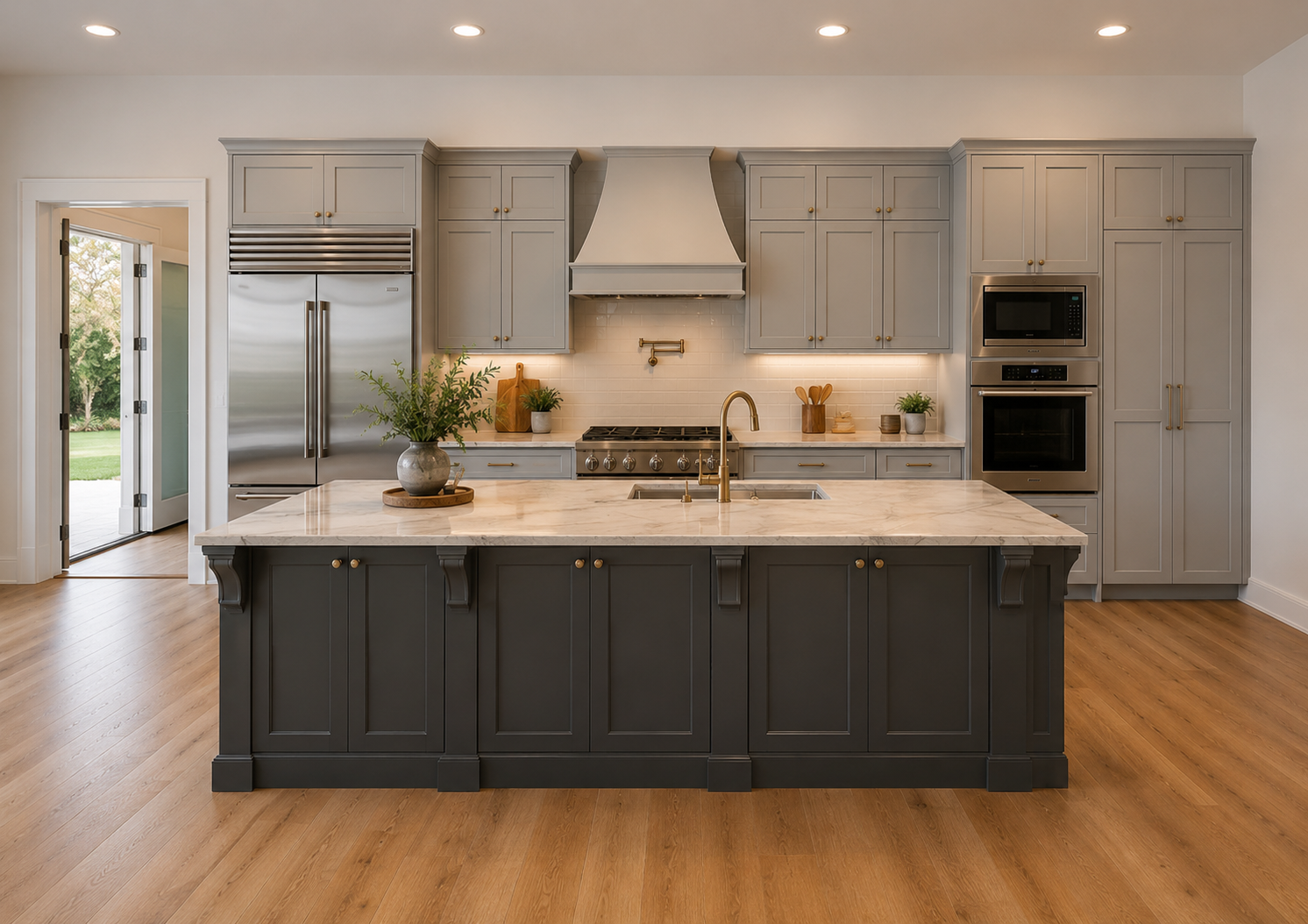 Gray Shaker-style custom kitchen with a waterfall island