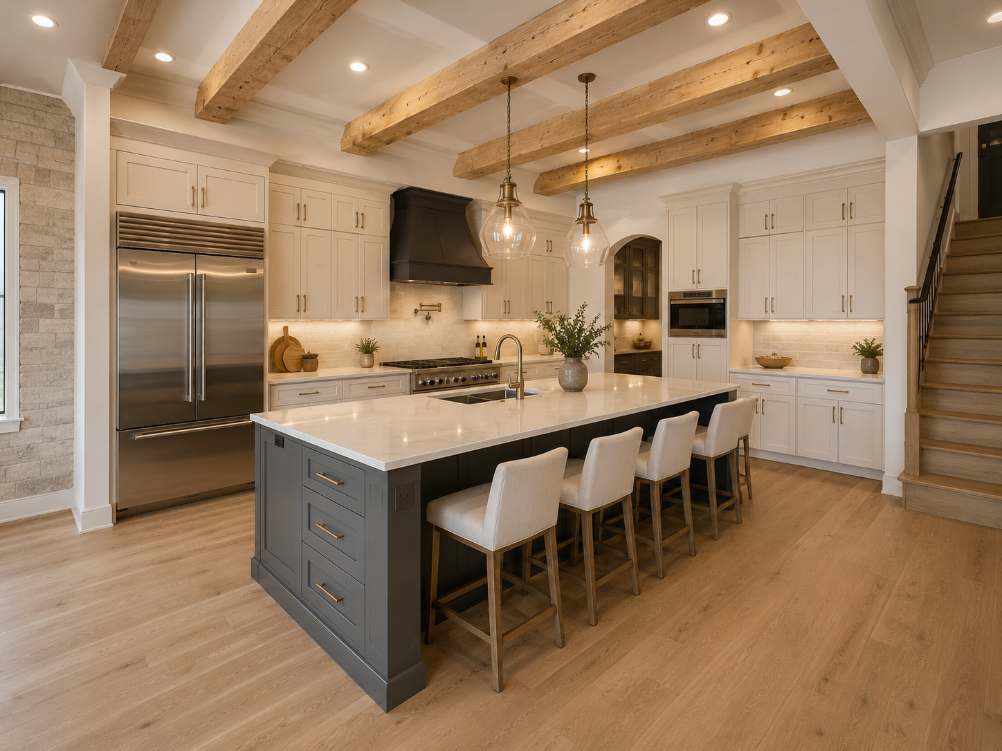White custom kitchen with an exposed beam ceiling