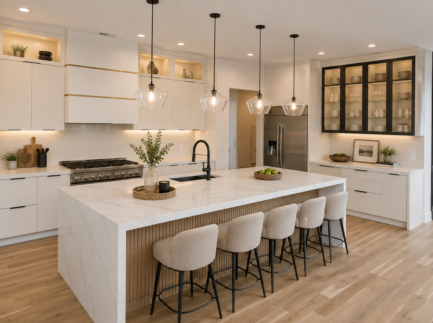White custom kitchen with glass-front cabinetry