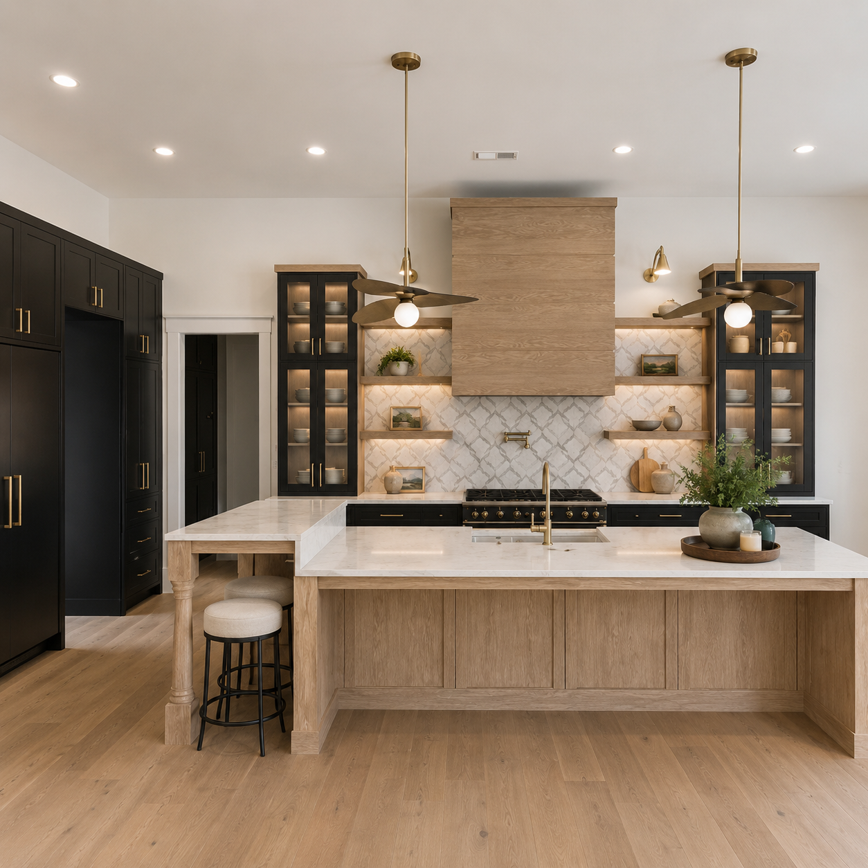 Two-tone custom kitchen with black cabinetry