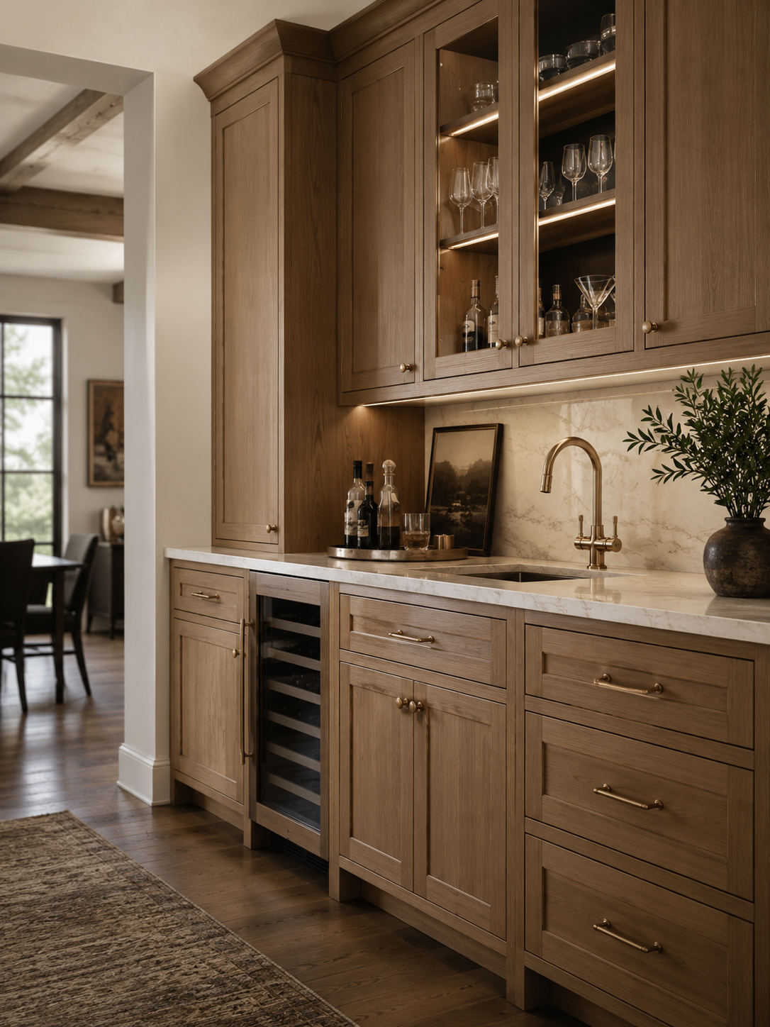 Custom home bar with natural wood cabinetry, glass-front uppers and wine storage