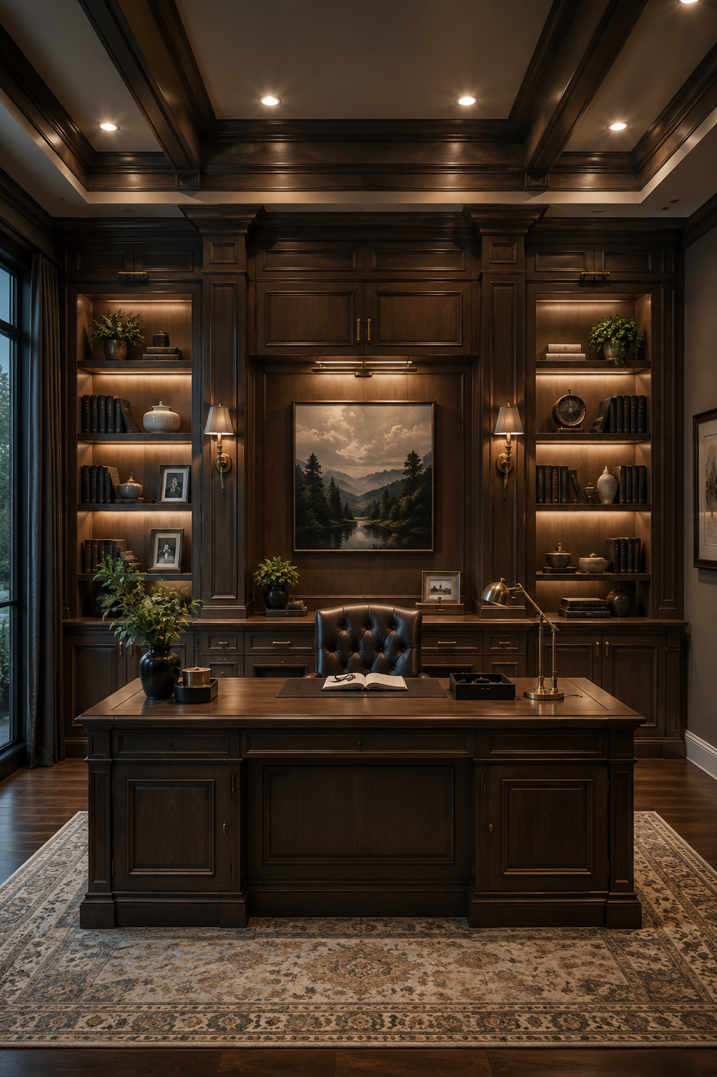 Custom home office with dark wood built-in cabinetry and shelving