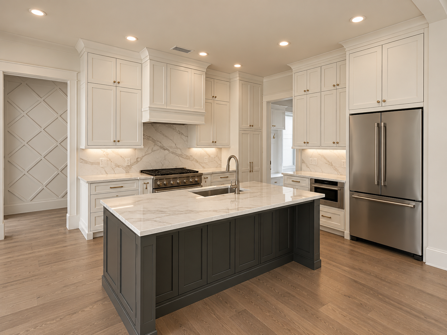 White Shaker kitchen cabinetry with a charcoal island, integrated range hood and brass cabinet hardware