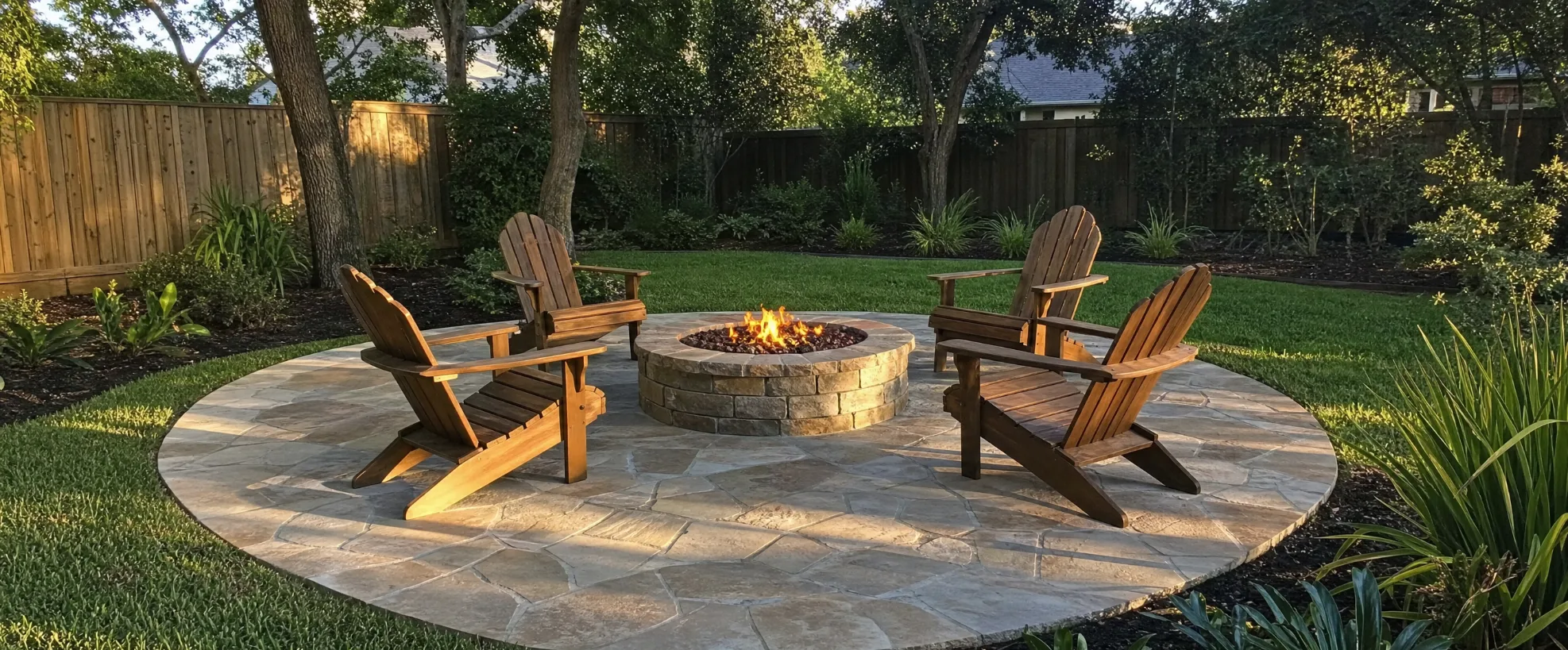 Backyard fire pit ringed by a paver patio and built-in seating in the evening