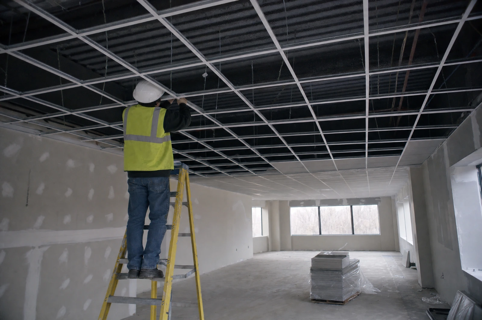 Installer setting main tees and cross tees for a new suspended ceiling grid over finished drywall