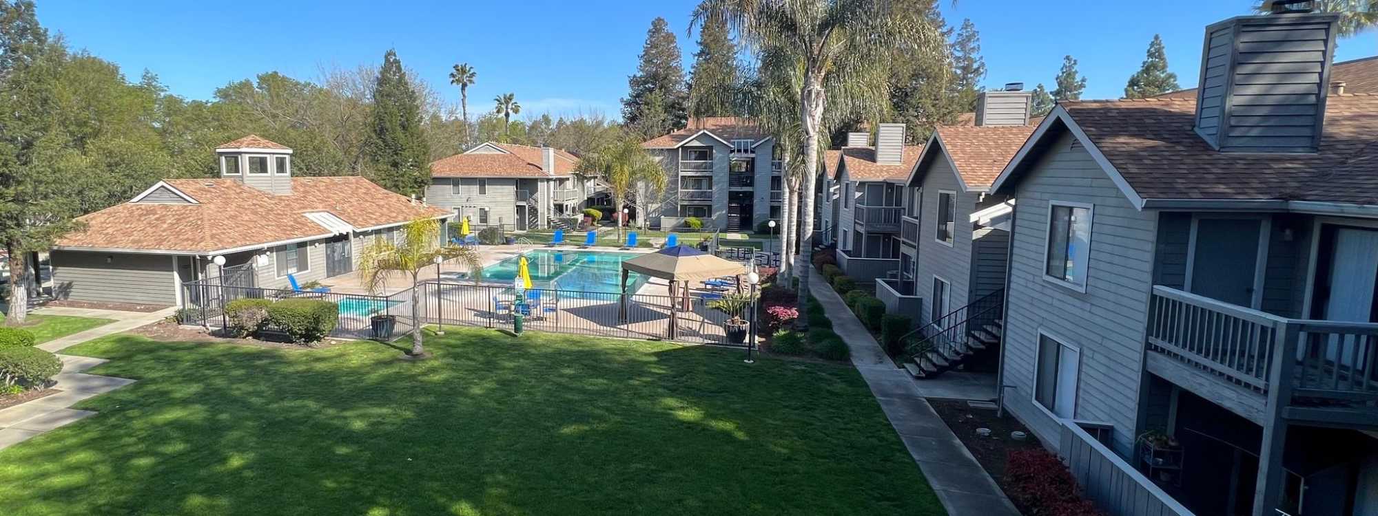 Pool with building in back