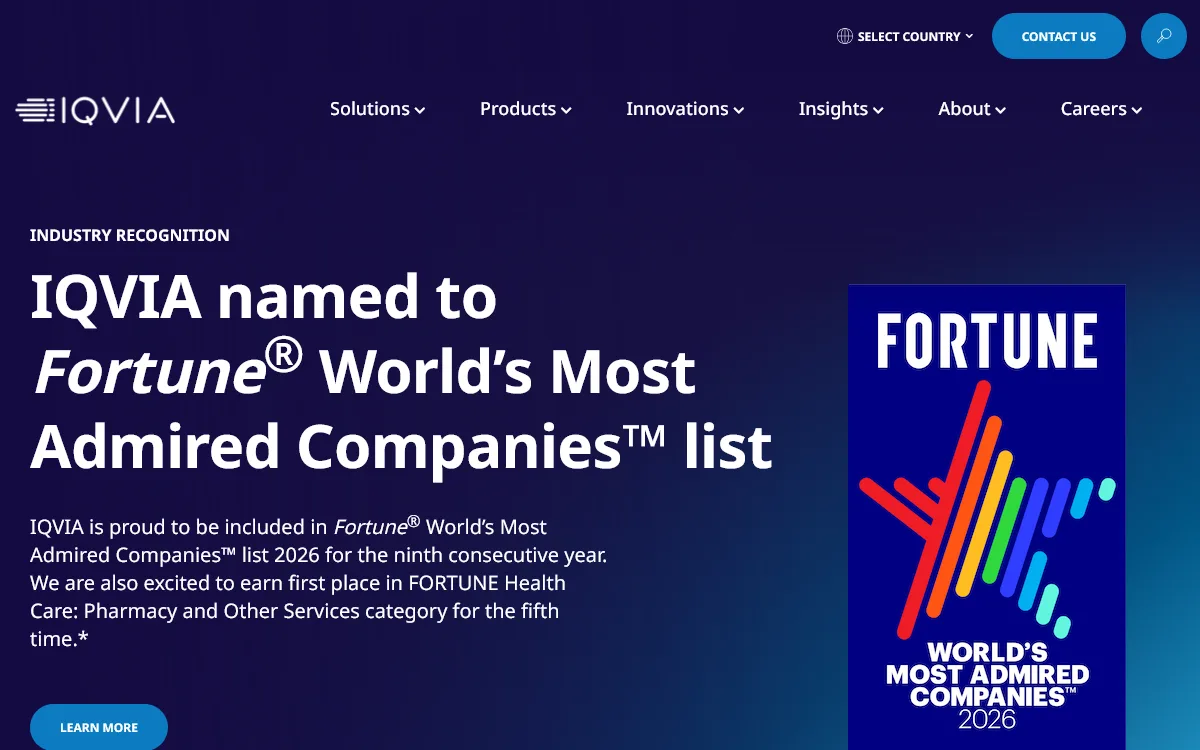 Iqvia homepage, a cro with in-house clinical trial patient recruitment, announcing its place on fortune's world's most admired companies 2026 list beside the fortune badge