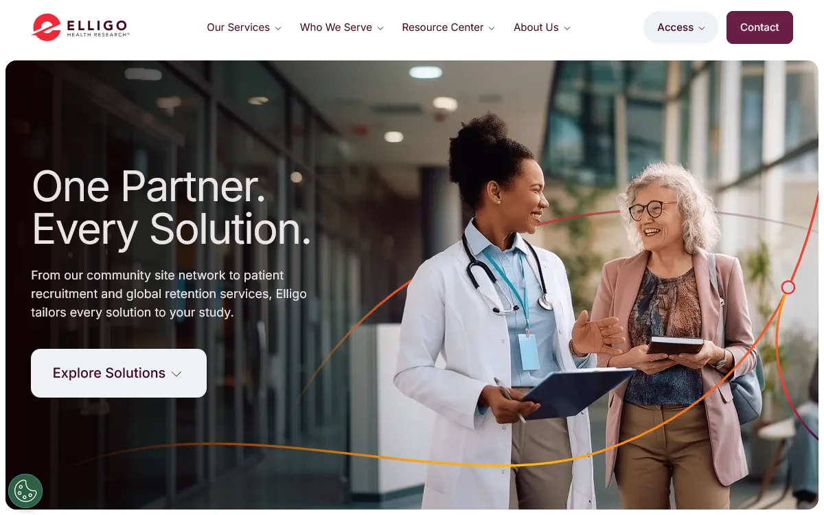 Elligo health research homepage, a clinical trial recruitment company with a community site network, headed "one partner. every solution." with a doctor holding a tablet talking to an older patient in a clinic hallway