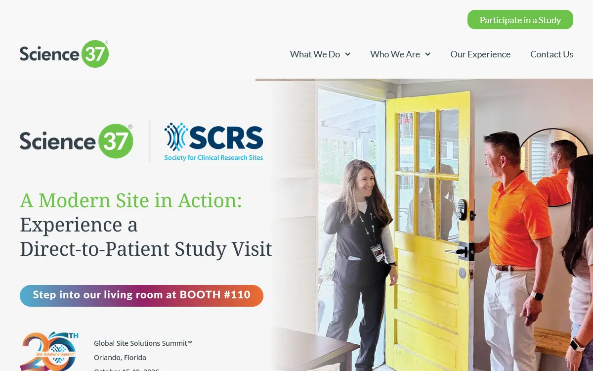 Science 37 homepage promoting a direct-to-patient study visit, with a clinician arriving at a patient's front door