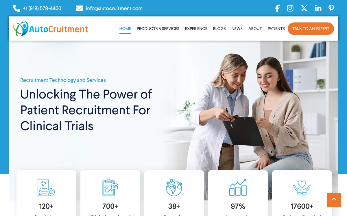 Autocruitment homepage, a clinical trial recruitment company, with the headline "unlocking the power of patient recruitment for clinical trials" beside a clinician showing a smiling patient a clipboard