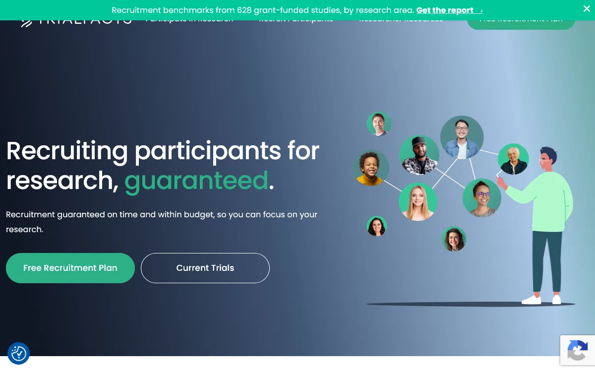 Trialfacts homepage, a clinical trial recruitment company, with the headline "recruiting participants for research, guaranteed" beside an illustration of a researcher connecting a network of diverse participant photos