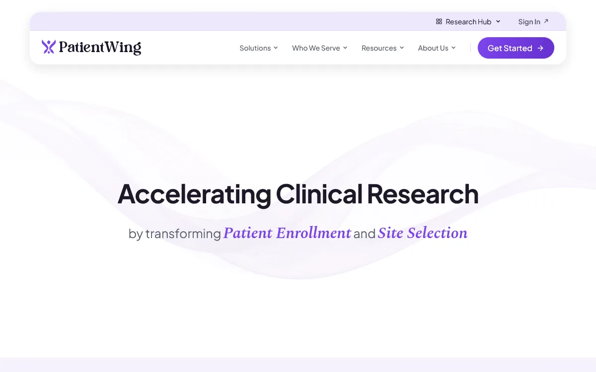 Patientwing homepage, a patient recruitment company, with the headline "accelerating clinical research by transforming patient enrollment and site selection" on a pale lavender background