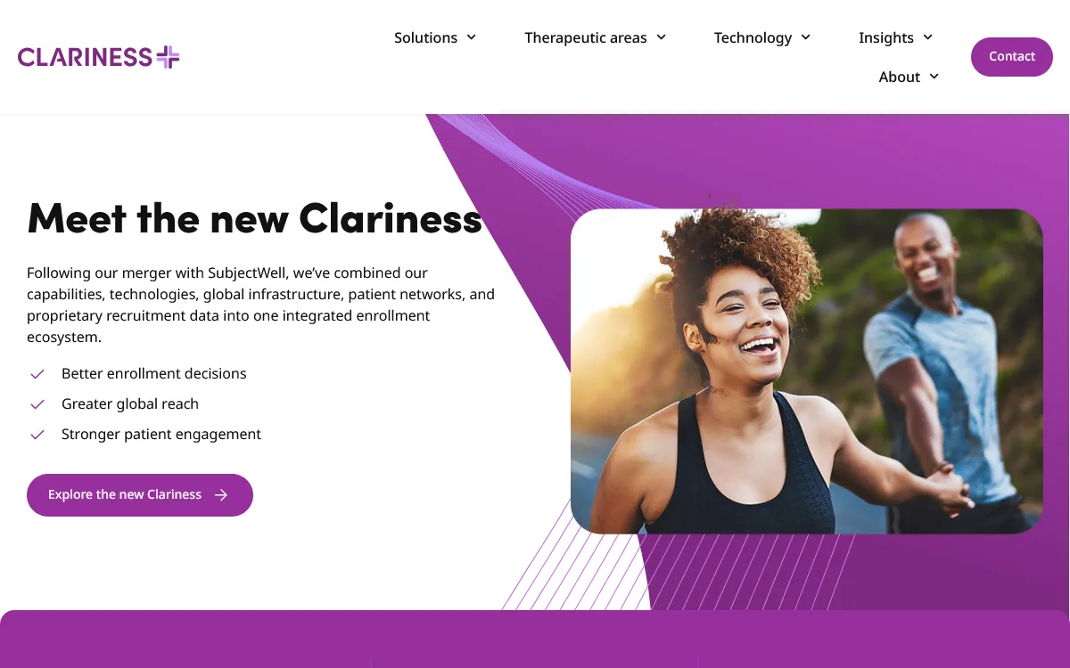Clariness homepage, a global patient recruitment company, with the headline "meet the new clariness" announcing its merger with subjectwell, a checklist of better enrollment decisions and greater global reach, and a smiling couple outdoors