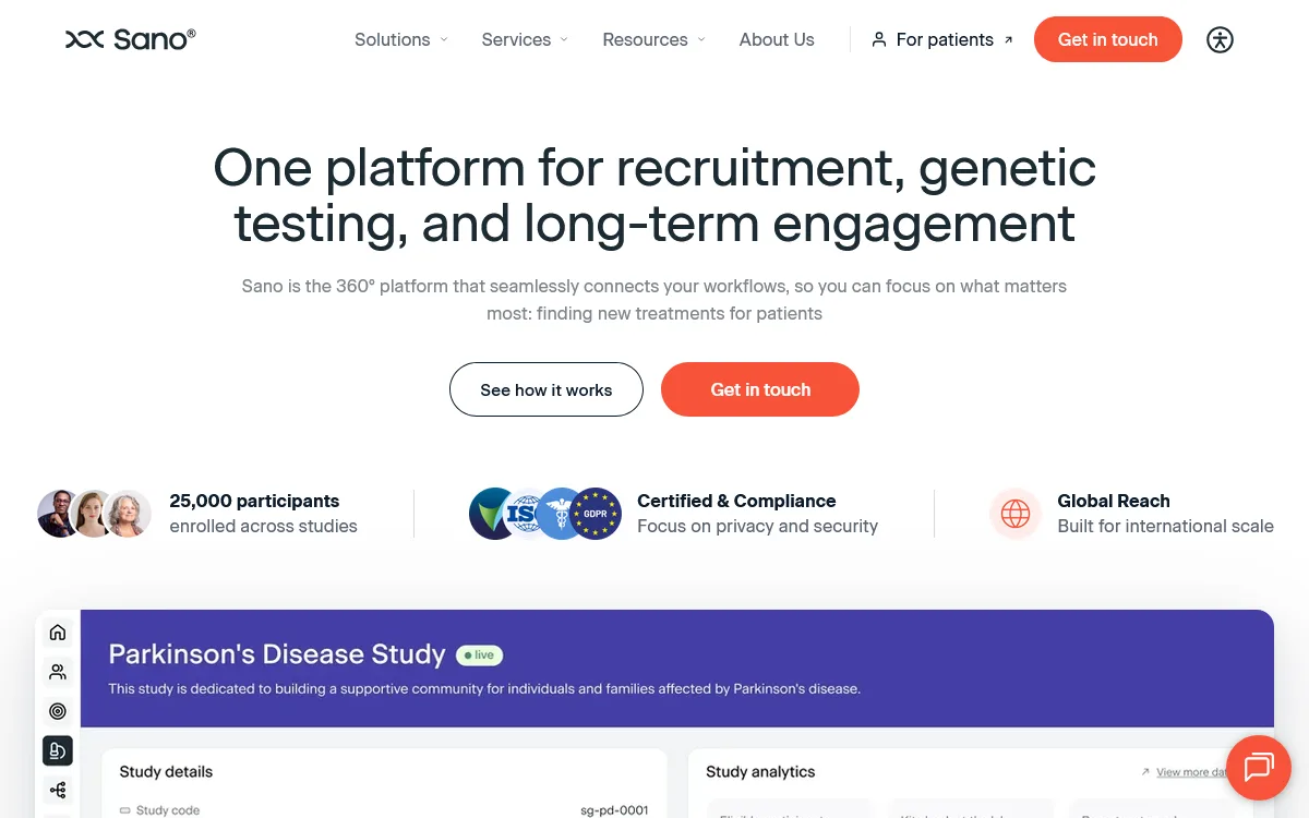 Sano genetics homepage, a clinical trial recruitment company for genetically confirmed patients, headed "one platform for recruitment, genetic testing, and long-term engagement" above a parkinson's disease study dashboard