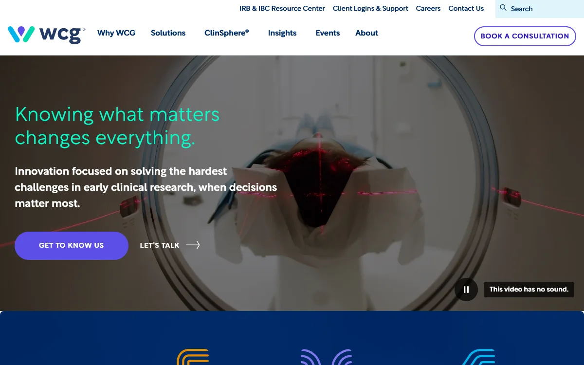 Wcg clinical homepage, an irb and enrollment technology provider among clinical trial recruitment companies, with the headline "knowing what matters changes everything" over a patient entering an imaging scanner
