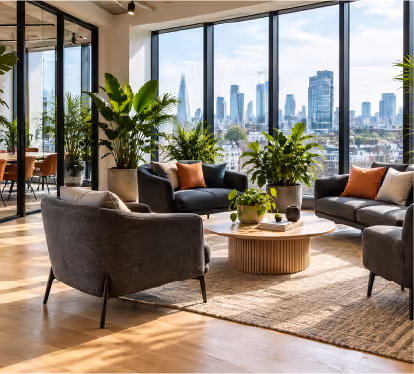 A modern office lounge with grey sofas and armchairs around a round coffee table, set against floor-to-ceiling windows with a city skyline view.