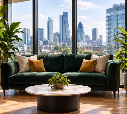A dark green velvet sofa with beige and mustard pillows sits by large windows, with potted plants and a city skyline in the background.