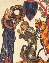 Medieval courtly-love illustration of a kneeling man and a woman