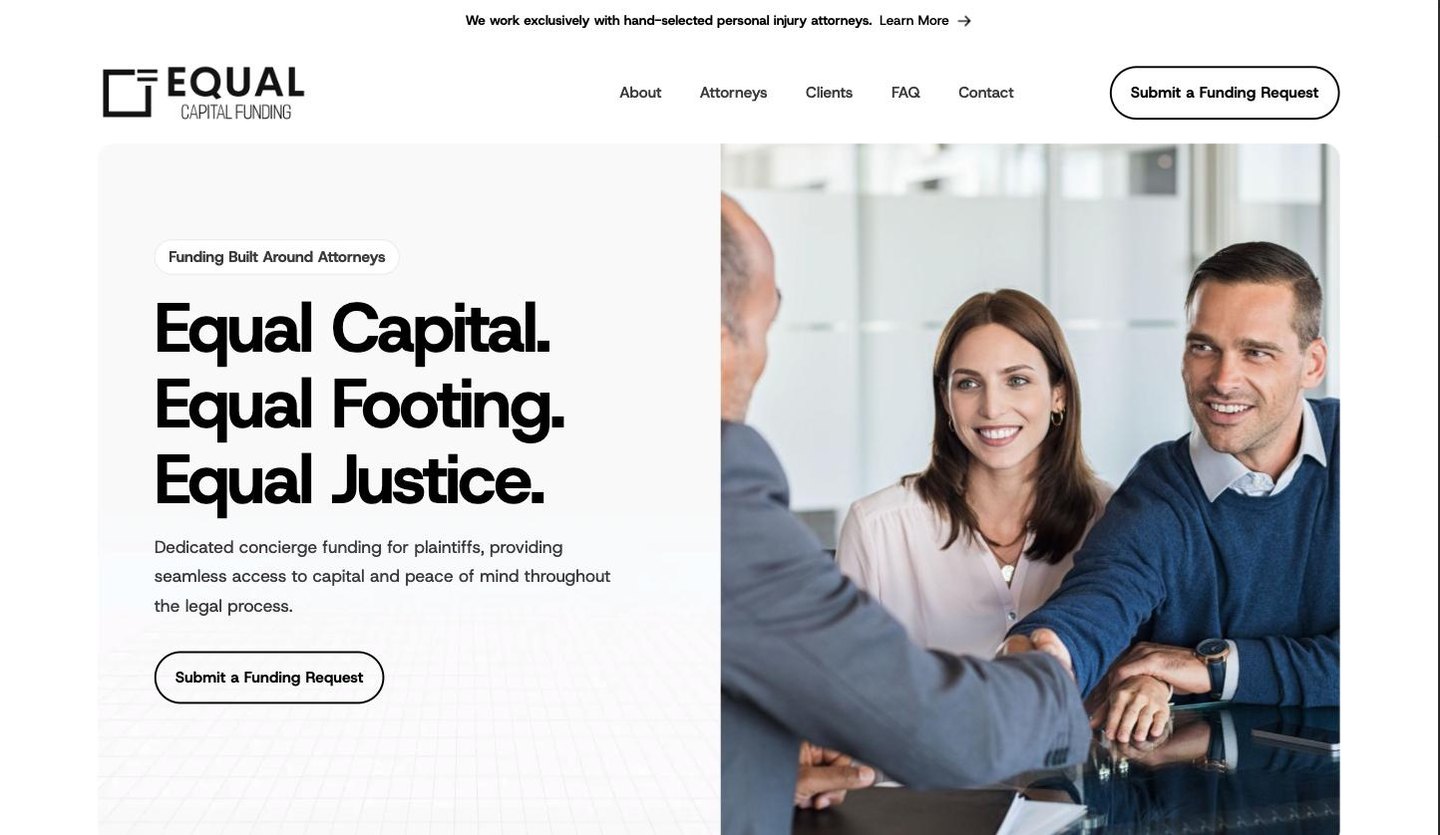 Equal Capital Funding home page: a split hero with the headline Equal Capital. Equal Footing. Equal Justice.