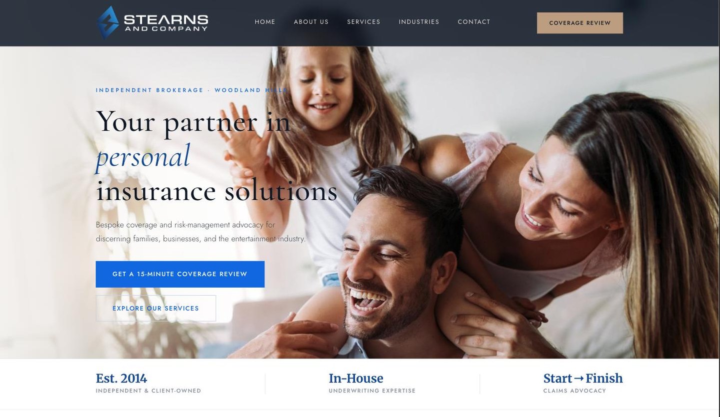 Stearns and Company home page: a serif hero reading Your partner in personal insurance solutions over a family photograph, with a credibility strip beneath.