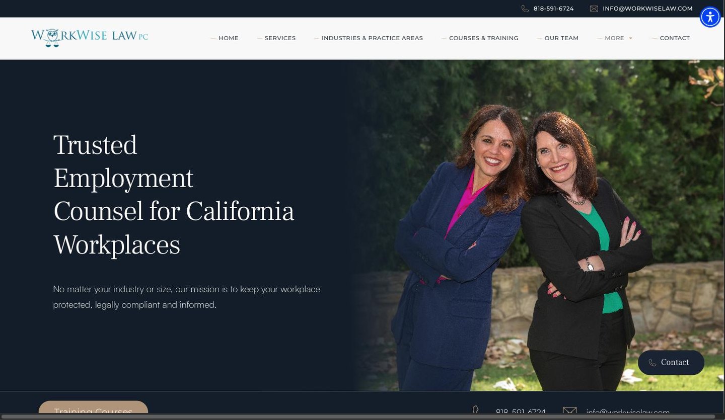 WorkWise Law home page: dark navy hero with the headline Trusted Employment Counsel for California Workplaces over a photograph of the firm's attorneys.