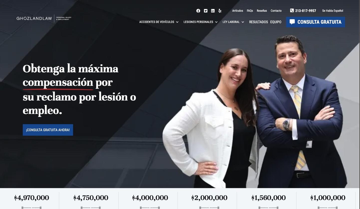 Ghozland Law home page in Spanish: the headline Obtenga la maxima compensacion por su reclamo por lesion o empleo, above a row of settlement figures.