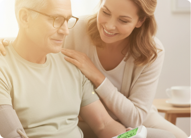 A person taking a blood pressure reading at home