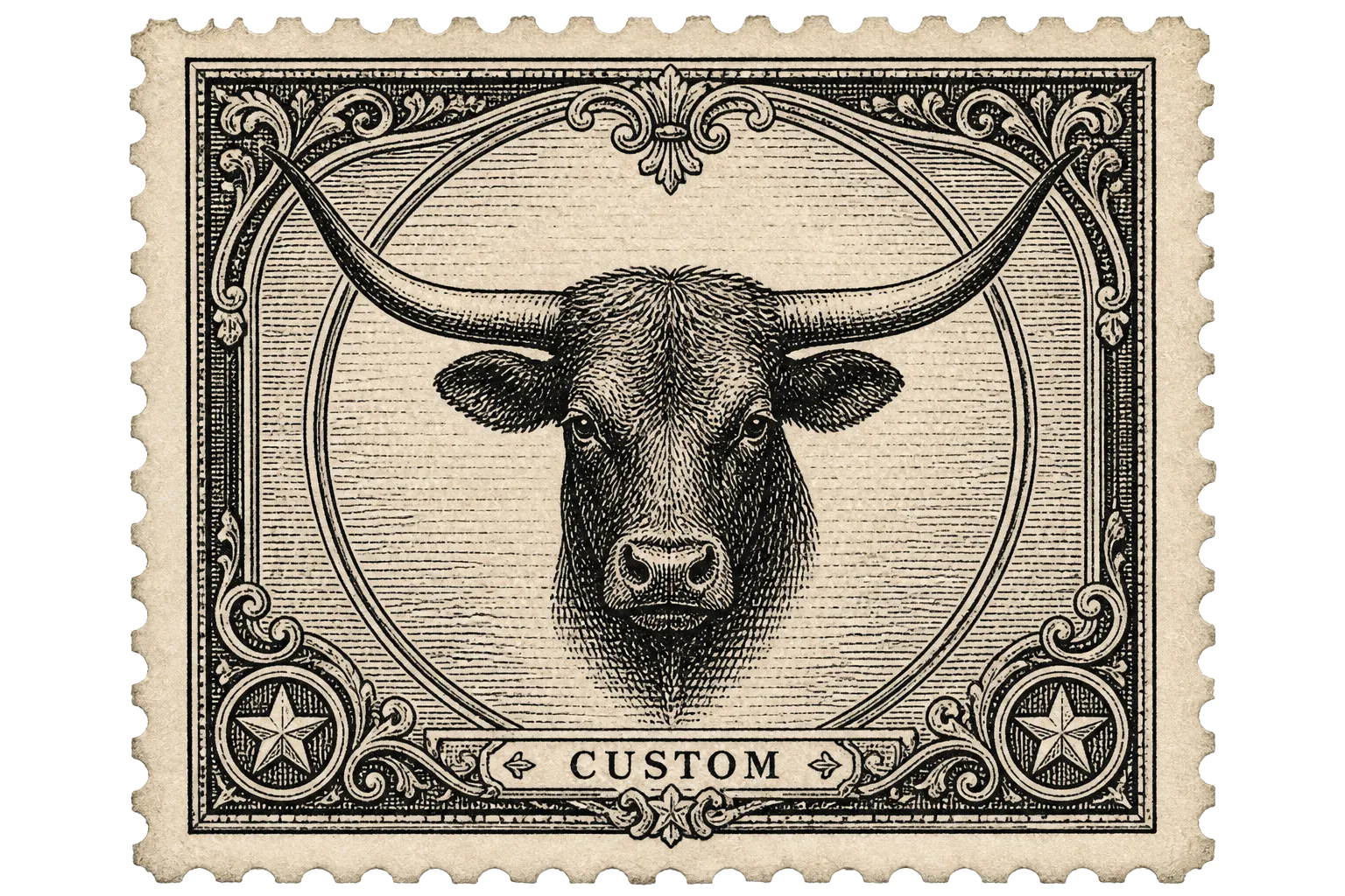 Custom Mail postage stamp with engraved longhorn