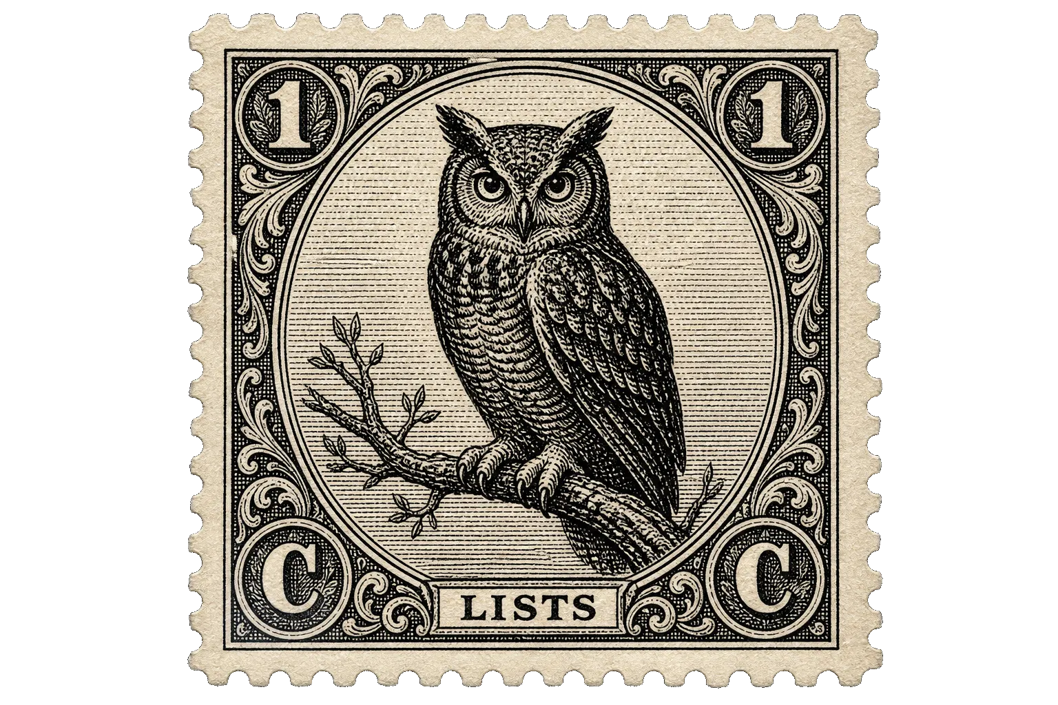 Mailing list postage stamp with engraved owl