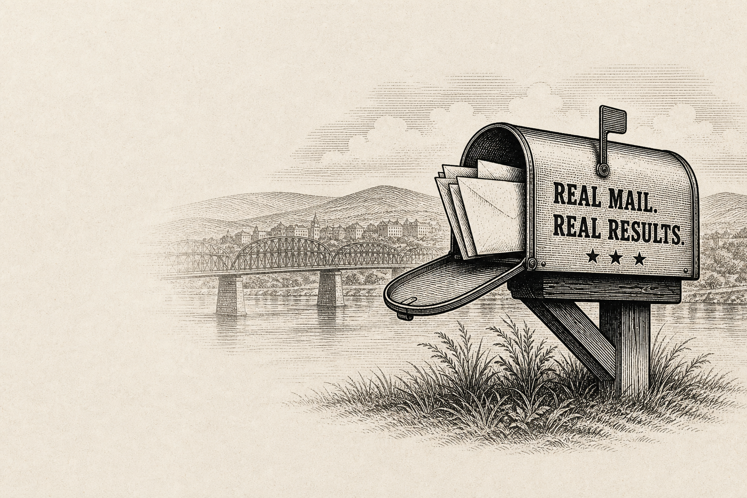 Mailbox with Real Mail Real Results over faded Chattanooga bridge