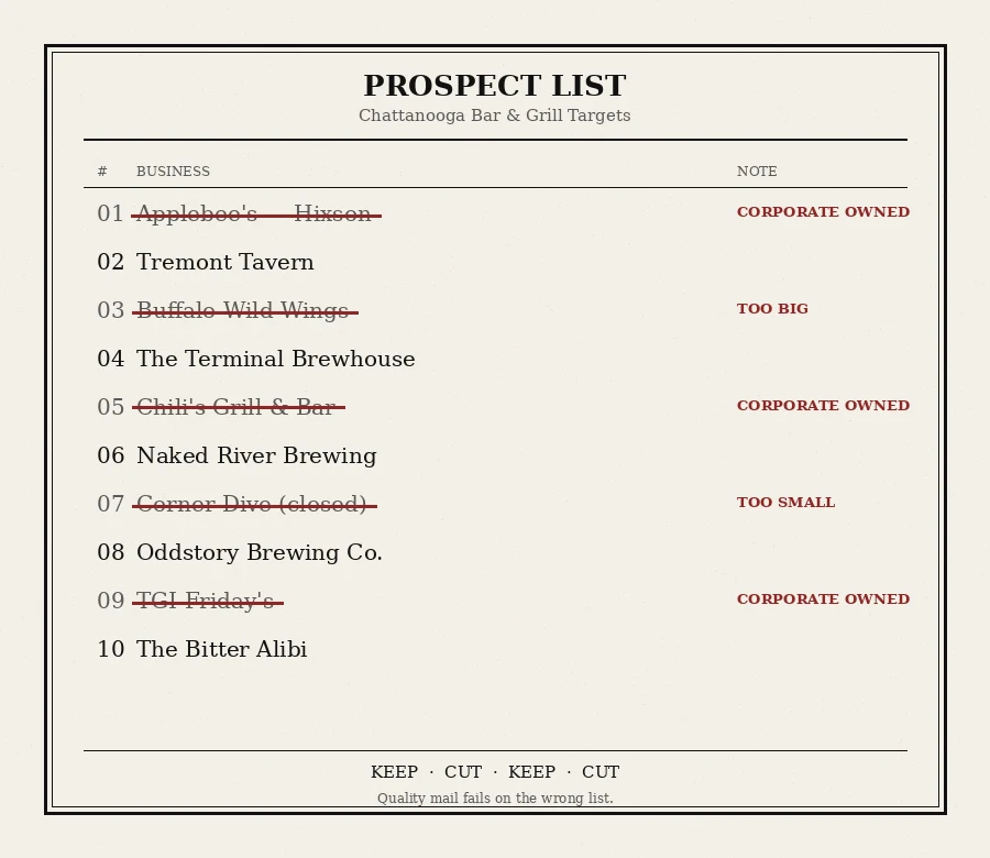 Prospect list of Chattanooga bars and grills with chains and poor fits crossed off