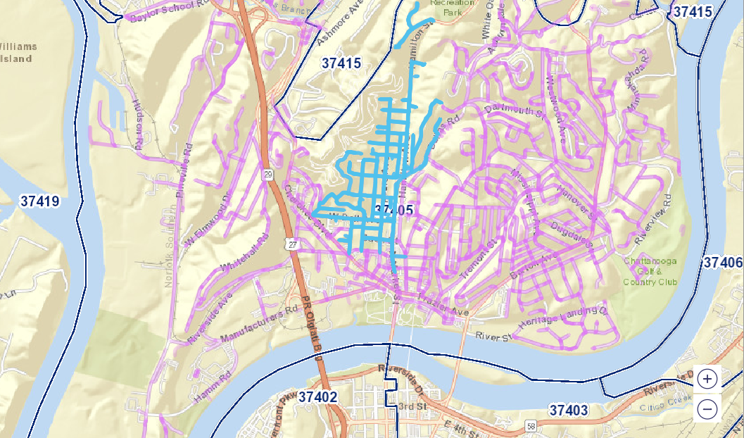 Chattanooga EDDM mailing routes map with zip codes and selected routes