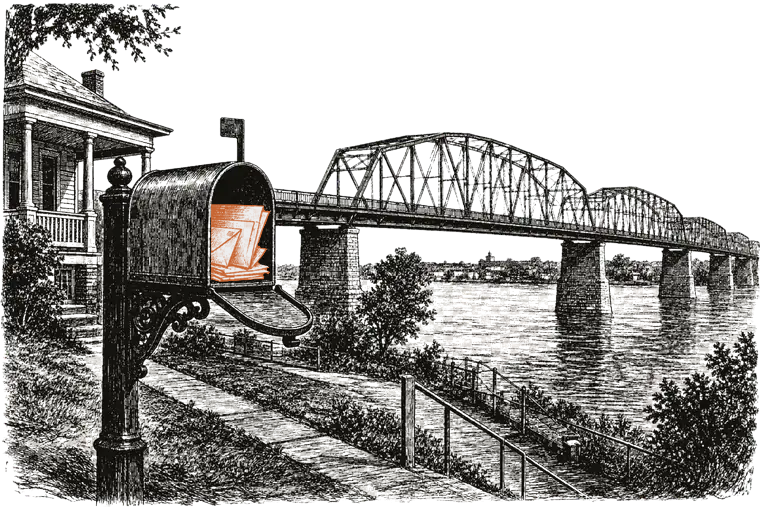 Newspaper engraving of an open curb mailbox by the Tennessee River and bridge