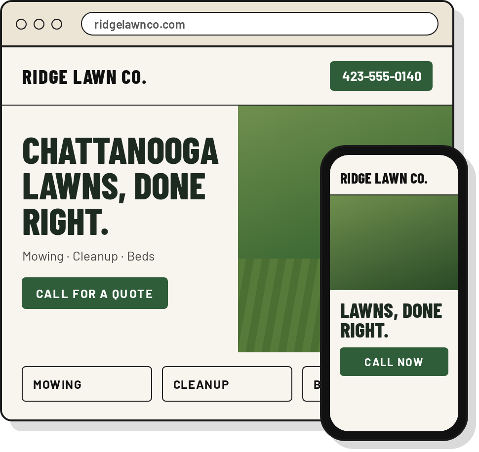 Sample local business website on laptop and phone — Ridge Lawn Co. theme preview