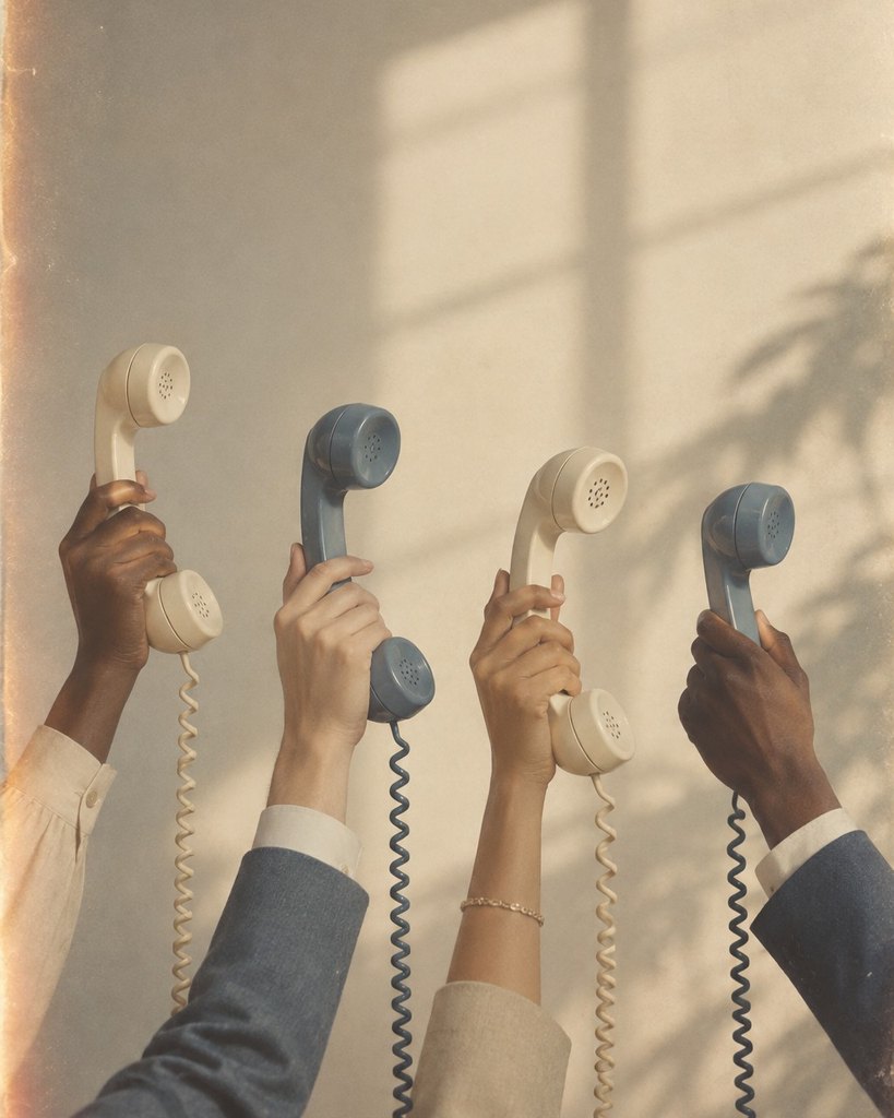 Altitude Crew: four hands holding vintage telephone handsets