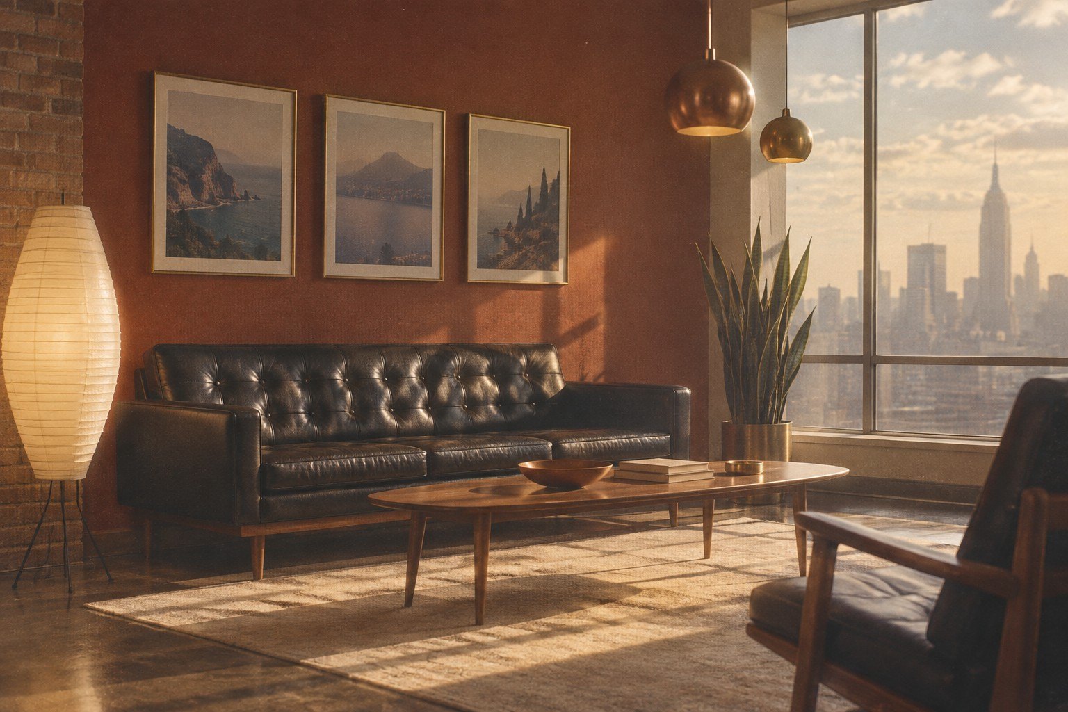 Mid-century lounge with a black leather sofa and a city view