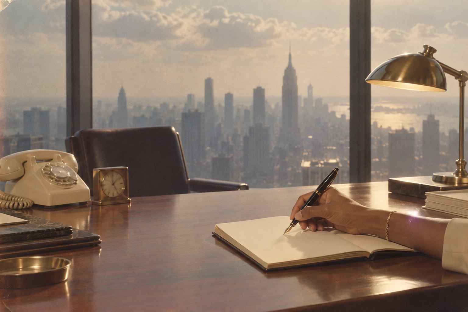 Hand writing notes at a desk beside a cream rotary phone, city skyline at sunrise
