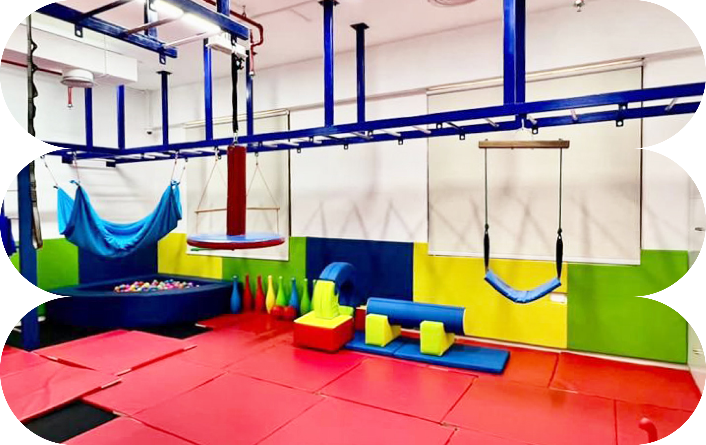 The sensory gym at Bloom Beyond Enabling, with climbing frames, swings and soft play equipment