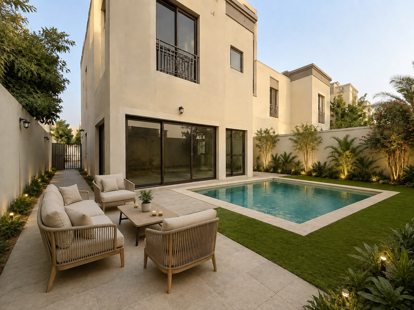 Villa pool retreat with lawn, planting and outdoor seating