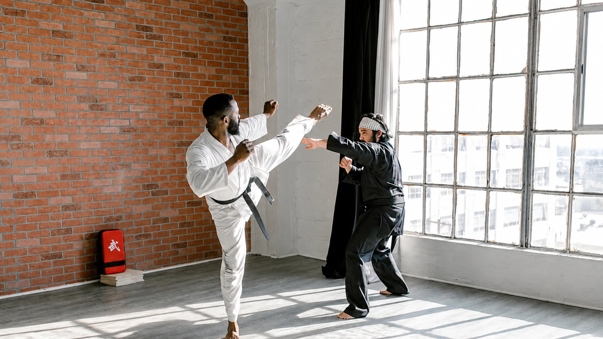 Two martial artists practicing kicks in a studio.