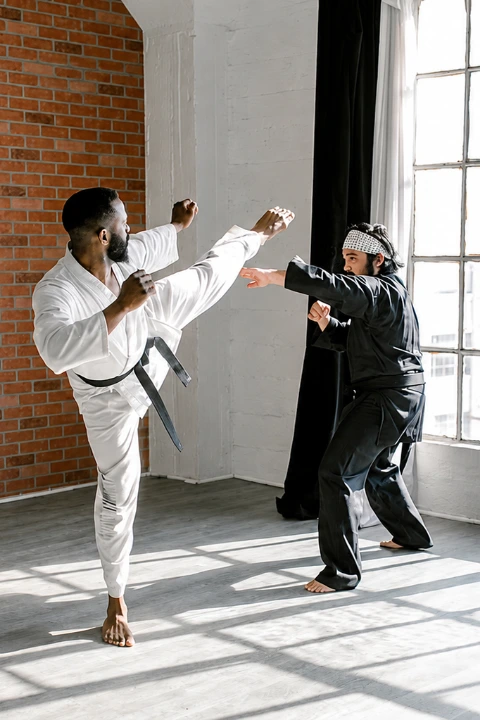 Two martial artists practicing kicks in a studio.