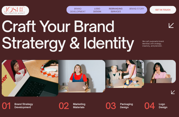 Verkkosivun otsikko 'Craft Your Brand Strategy & Identity' mukautetulla kirjoitusvirheellä, neljä osaa: Brand Strategy Development, Marketing Materials, Packaging Design ja Logo Design, kukin osio numeroitu ja kuvitettuna ihmisillä työskentelemässä laptoppien kanssa vaalealla ja tummalla taustalla, yläosassa navigointipainikkeita ja oikeassa yläkulmassa 'Get in Touch' -painike.