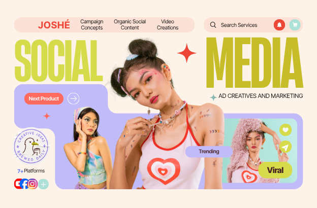 Sosiaalisen median markkinointimainos, jossa keskellä nuori nainen punavalkoisessa topissa, ympärillä tekstit Social Media, ad creatives and marketing, Trending ja Viral, ja logososiaalisen median alustoista.