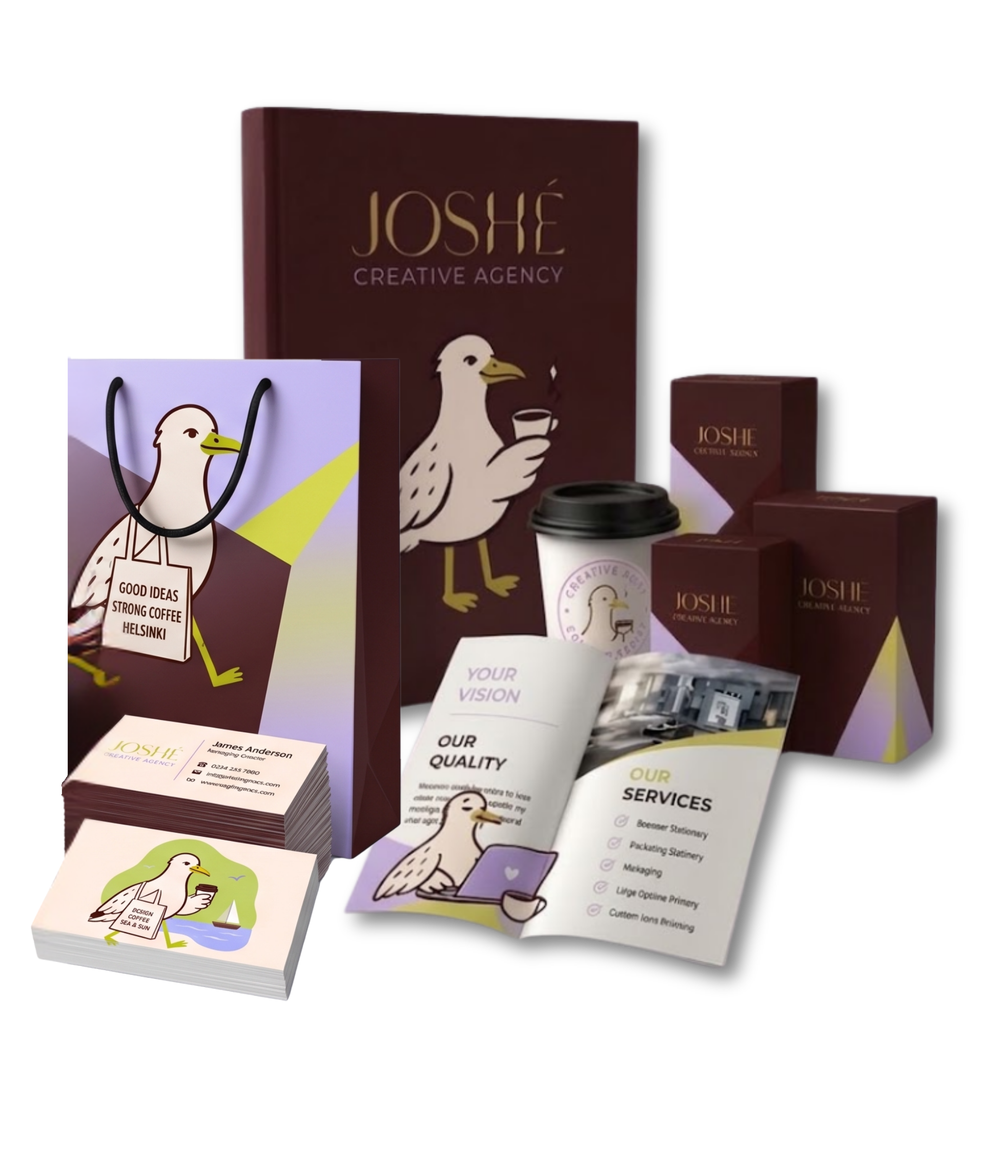 JOSHE Creative Agency branding set featuring a dark brown box with a bird holding a coffee cup, a matching coffee cup, a paper bag with a bird carrying a sign saying 'Good Ideas Strong Coffee Helsinki,' stacks of business cards with bird illustrations, and an open brochure showing the agency's services with bird-themed graphics.