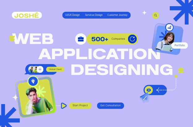 Violetti taustainen graafinen käyttöliittymä, jossa lukee isolla valkoisella tekstillä Web Application Designing ja logo ylävasemmassa kulmassa. Lisäksi painikkeita, kuten Start Project ja Get Consultation, sekä kuvia kahdesta henkilöstä ja tekstejä UX/UI Design, Service Design ja Customer Journey.